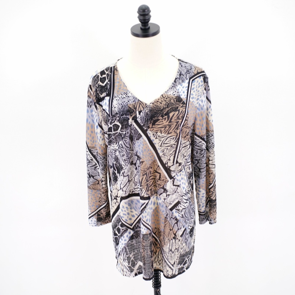Dana Buchman XL Black Brown Animal Print Patchwork V-Neck  3/4 Sleeve Blouse Top